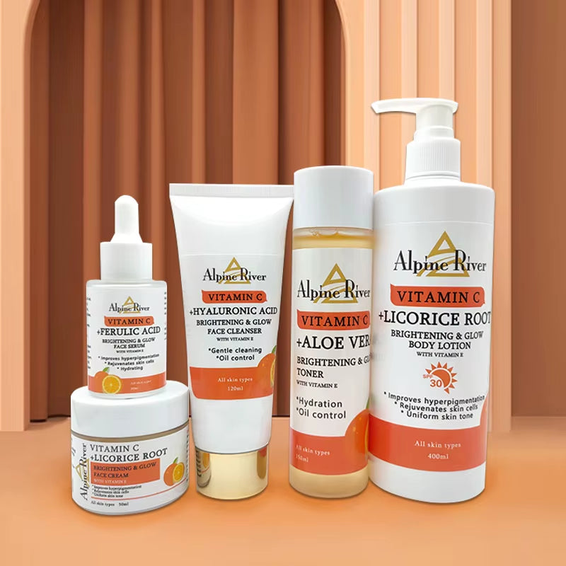 Customize Private Label Skin Care Set Skin Whitening Vitamin C Face Set Plants Acne-Aid Skin Care 5 Pcs Gift Set