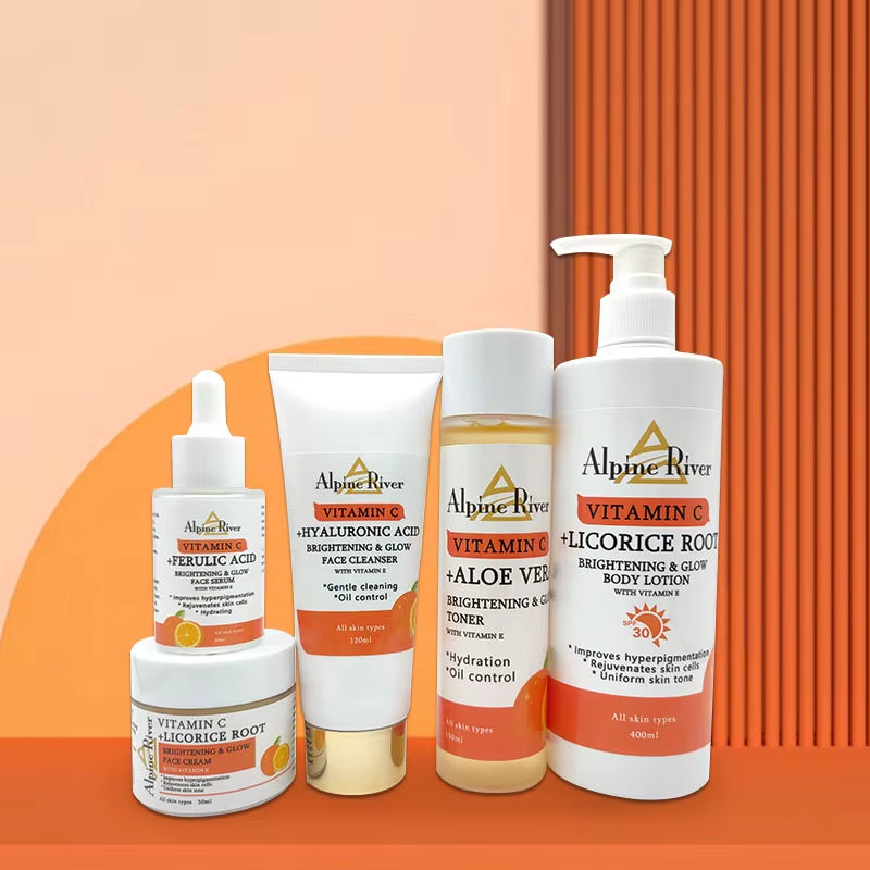 Customize Private Label Skin Care Set Skin Whitening Vitamin C Face Set Plants Acne-Aid Skin Care 5 Pcs Gift Set